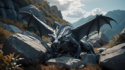 Enchanted Dark Gray Dragon in Mountains