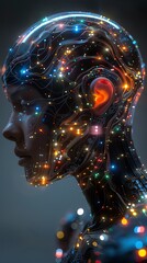 Illuminate the fusion cyborg with intricate neural circuitry Bring to life the concept of mind control in a digital realm