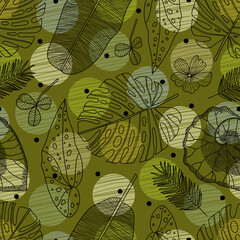 Tropical  leaves in the doodle style. Exotic summer botanical seamless pattern. Can be used in textile industry, paper, background, scrapbooking.Vector. - 788490606