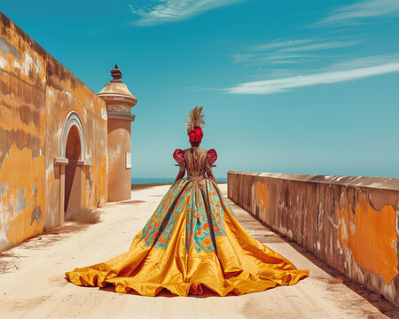woman in a fanciful dress walking on a path in an old fort