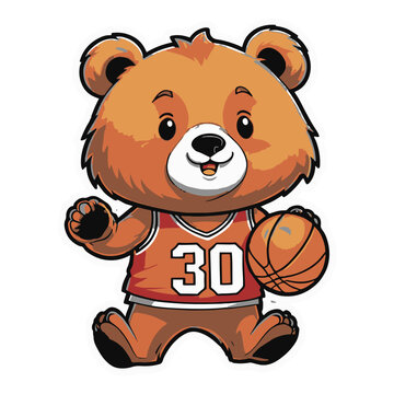 clipart bear playing basketball, vector isolation, white background