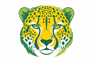 An eye-catching cheetah face icon in contrasting shades of electric green and vibrant yellow, exuding modernity with its bold and clean lines. Isolated on a white background.