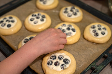 The girl prepares cheesecakes and buns with cottage cheese. Homemade buns. A child prepares buns...
