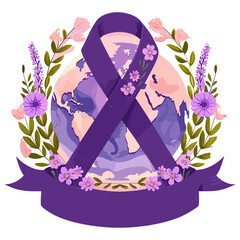 world map rests on a stand, adorned with a purple ribbon and complemented by pink blossoms