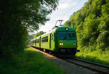 Naklejka premium green eclectic train in motion, through jungle 