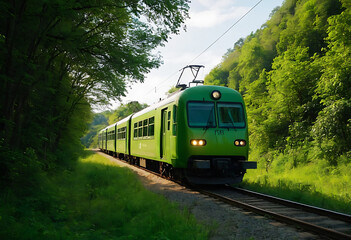 green eclectic train in motion, through jungle 