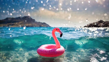 flamingo rubber ring in a sea ai generated - obrazy, fototapety, plakaty