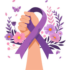 hand cradling a purple ribbon in a display of breast cancer awareness, surrounded by vibrant blooms symbolizing hope