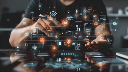 Futuristic Holographic Interface with Floating Icons and Hand Gesturing on Touchscreen, Data Visualization and Cybersecurity Concept with Blue Glow	