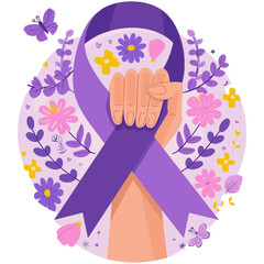 symbol of support for breast cancer patients. A gentle hand holds a purple ribbon, surrounded by colorful flowers