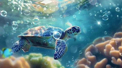 Foto op Plexiglas sea turtle swims gracefully among the coral reefs, its journey accentuated by bubbles and the filtered sunlight of the underwater world. © Alina Nikitaeva