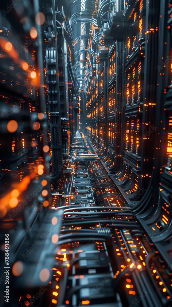 Poster a digital server room, showcasing rows of sleek, humming servers in a futuristic setting highlight t