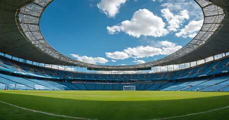 A wide-angle shot of an empty stadium with blue sky and clouds 