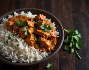 Top view of butter chicken with rice topped with cilantro on a dark wood surface