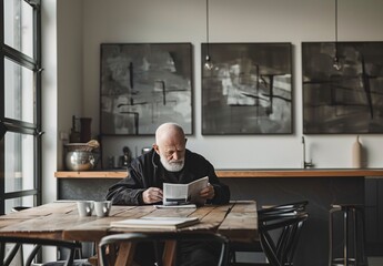 bald older man reading newspaper in a cafe bar