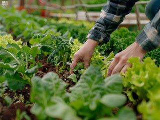Fototapeta premium Close up a cute person taking care of a vegetable in the garden 