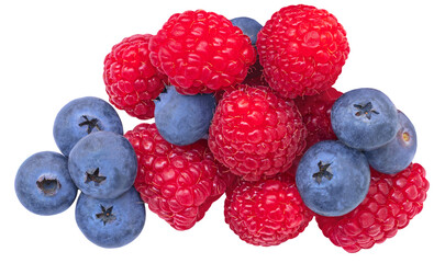 Wild Berries mix isolated on white background. Fresh raspberry and blueberry closeup. Package design elements.