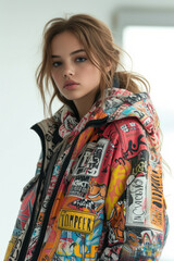 Vibrant Graffiti Jacket Fashion Portrait of a Beautiful Young Woman in Colorful Urban Street Style Coat