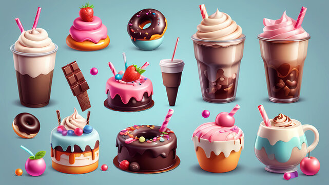 Set of different types of ice cream balls in waffle cones with ice cream ingredients - fruits, berries and sweets. Isolated on a white background. Clipping Path.