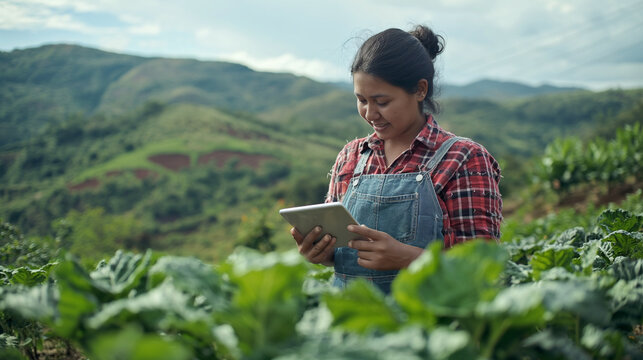 Against a backdrop of rolling hills, a female farmer consults her tablet, discussing sustainable practices with a diverse group of agricultural enthusiasts.
