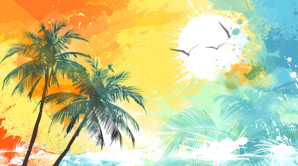 Fototapeta na wymiar Artistic abstract summertime background with palm trees, sun and sky. Artistic brush strokes textured simple summer backdrop