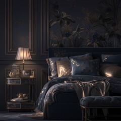 Striking Luxury Bedroom with Dark Wall Panels and Gold Accents