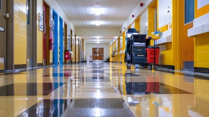 Janitorial service cleaning a school after hours, essential, education, nightly