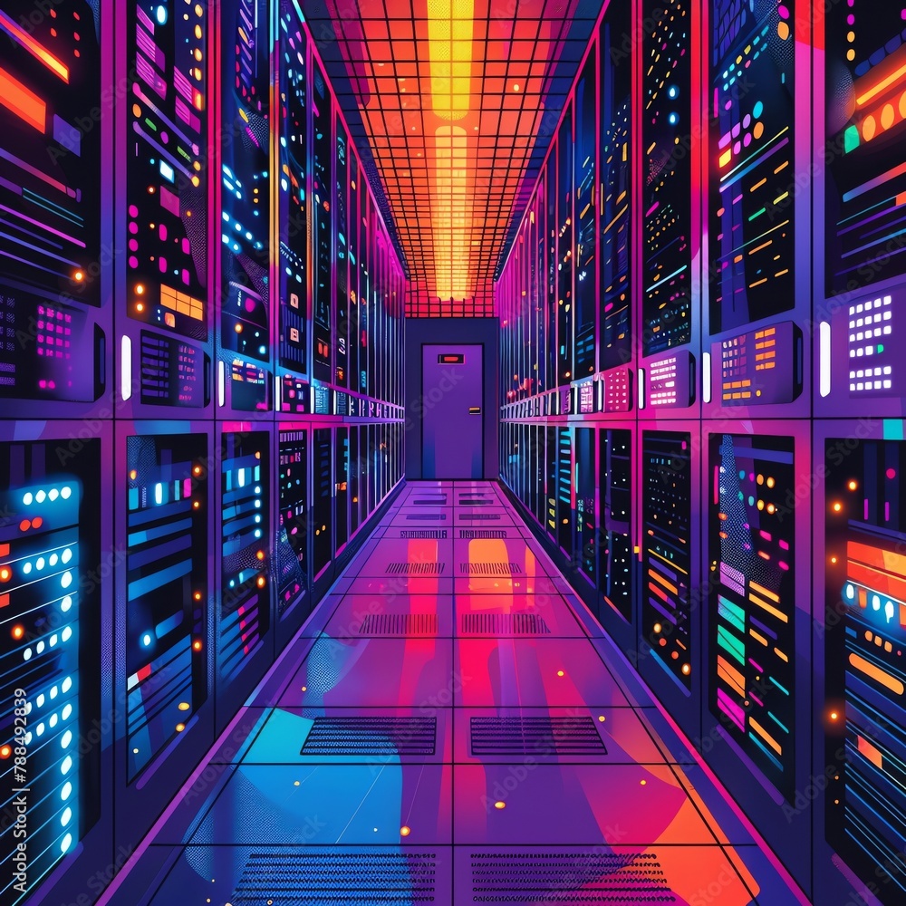 Poster a pixelated server room seen from a skewed angle highlight different colored access points represent