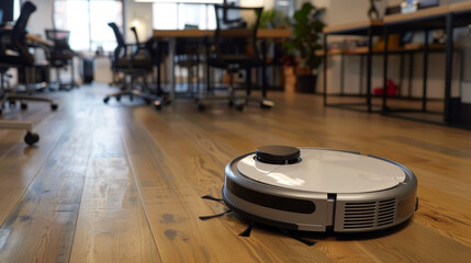 Innovative robot vacuum navigating a busy office space, technology, efficient, smart - obrazy, fototapety, plakaty