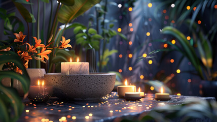 tropical lush spa massage mockup candles aroma therapy concept banner copy space.  - obrazy, fototapety, plakaty