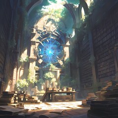 Ethereal Old Library Interior with Vibrant Stained Glass Window and Enchanted Atmosphere