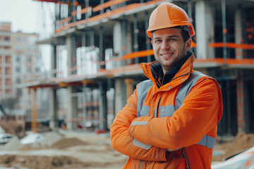 A builder poses at a construction site.