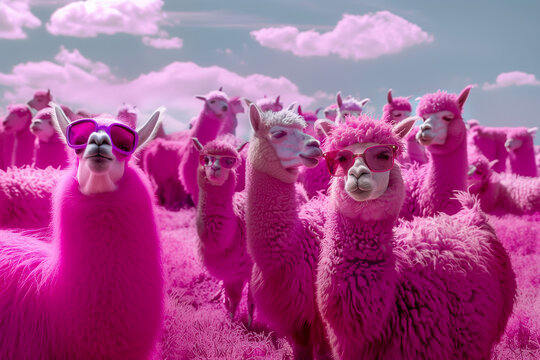 Quirky scene featuring pink llamas wearing stylish sunglasses against a pink background, adding a touch of whimsy to the setting