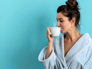 In a morning robe handsome woman  smelling a cup of coffee on a blue background , copy space for text 