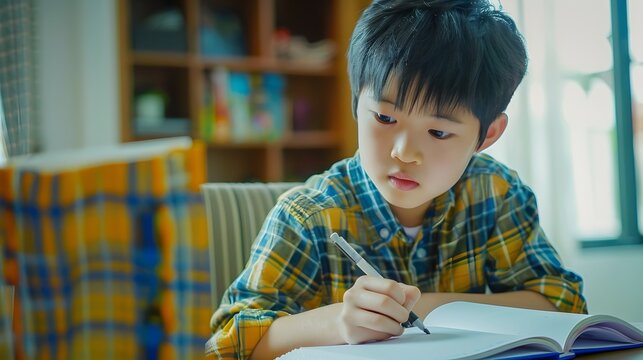 Asian Boy Lost in a Creative Burst of Sketching Vivid Images