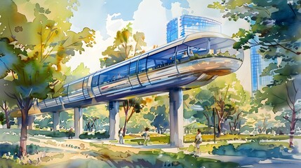 Solar-Powered Monorail Soars Above City Park in Watercolor