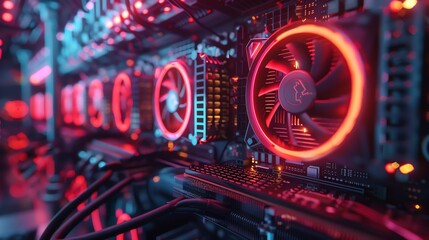a miner s computer setup with multiple GPUs working on solving blockchain algorithms fans spinning rapidly