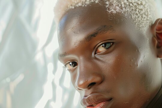 Portrait of a young African albino man with white hair an