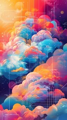 a cloud computing revolution with a vibrant vector art piece, combining futuristic tech elements with a whimsical touch of cloud formations taking shape