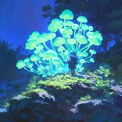 Obraz na płótnie Canvas Striking Image of a Nocturnal Forest Scene Featuring Radiant, Phosphorescent Mushrooms - Perfect for Nature and Fantasy-themed Projects