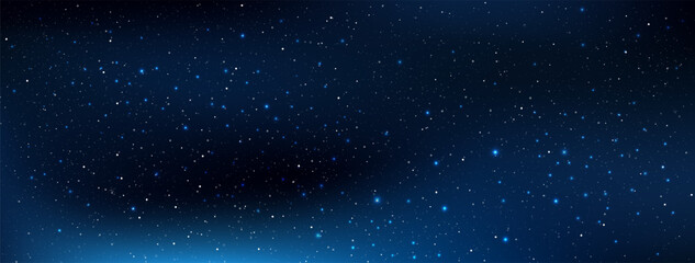 Realistic starry sky glow, Starry nights with bright shiny stars, Shining stars in dark night galaxy background. Vector illustration.