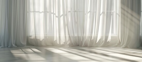 Light and shadow create lines on the curtain and silhouette on the white wall on a sunny day with the sun's rays. Provided empty space for text in the mockup.
