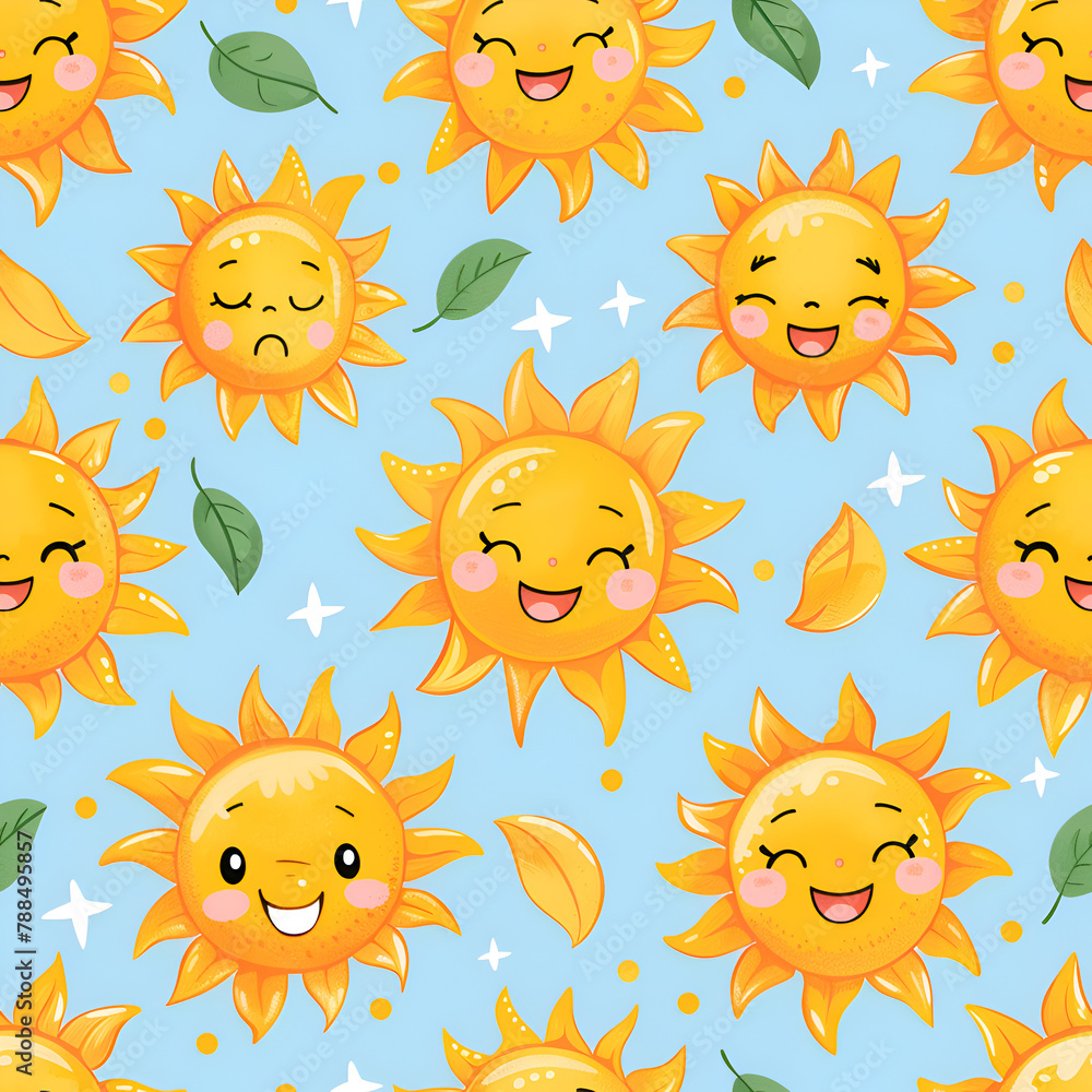 Aufkleber a series of cartoon suns with smiling faces and oranges in the background. scene is cheerful and bri