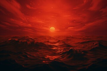 Captivating Red dawn sea. Dusk coast horizon. Generate Ai - obrazy, fototapety, plakaty