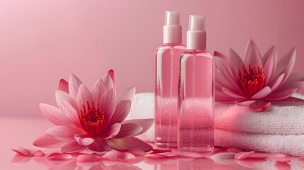 Two bottles of body lotion surrounded by pink lotus flowers next to a soft towel on a solid color background. Generated by artificial intelligence.