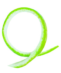 Lime fruit peel isolated on a white background. Zest of lime close up. Curly lime peel twist