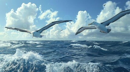 A pair of majestic albatrosses, soaring effortlessly through the vast expanse of the open ocean...