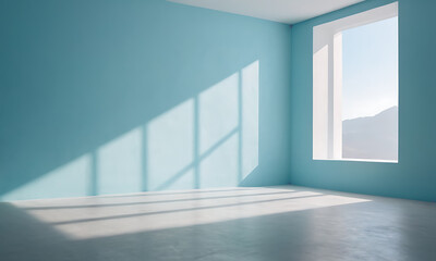 light blue empty room with window and sun rays coming through window 