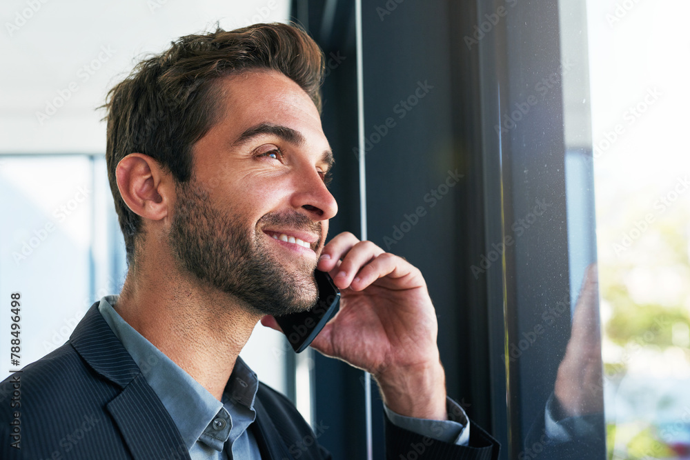 Poster happy, businessman and thinking with phone call by window for conversation, communication or proposa