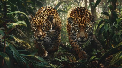A pair of majestic jaguars, their sleek and powerful bodies prowling through the dense undergrowth of the Amazon rainforest with silent grace.